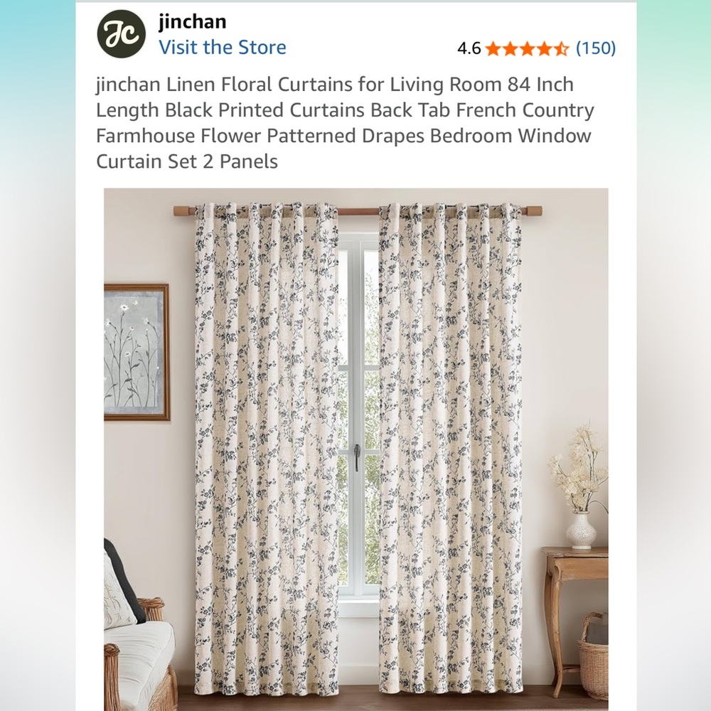 Linen Floral Curtain Set 2 Panels